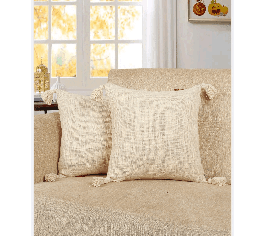 Slub Cotton Cushion Covers – Solid Beige 16x16 Inches with Tassels & Hidden Zipper -per pcs 250