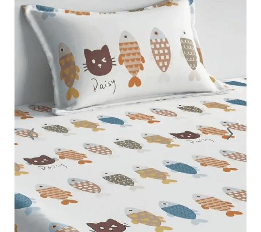 Daisy Cat Theme Kids Single Bedsheet with 1 Pillow Cover | 60 x 90 Inches | Pure Cotton | 200 Thread Count | Soft & Comfortable