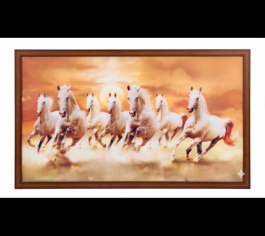 Framed Seven White Galloping Horses Vastu Painting – Sunrise Wall Art