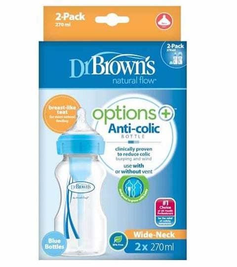 Dr. Brown's Options+ Wide-Neck Baby Bottle 9oz/270ml Blue 2-Pack WB92602-ESX | Anti-Colic BPA-Free Feeding Bottle