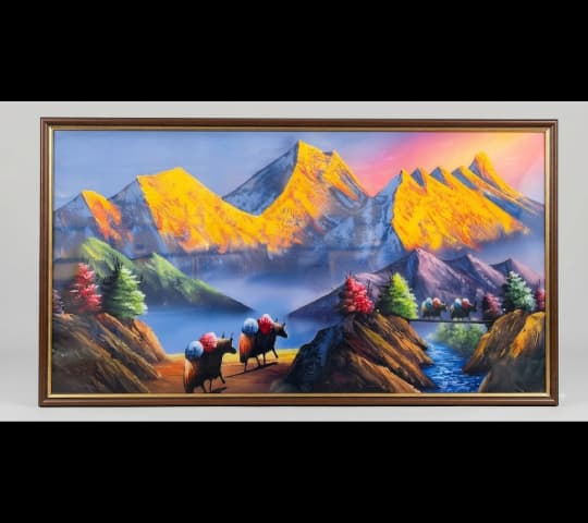 Framed Himalayan Landscape Painting – Majestic Nepal Mountain Art
