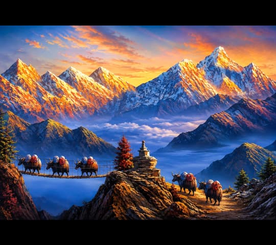 Artistic Himalayan Mountain Landscape Painting