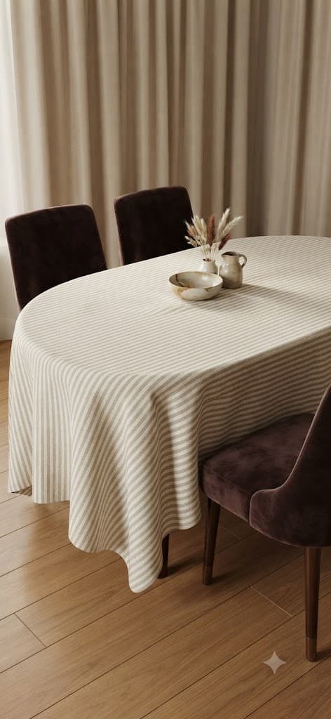 Beige & White Striped Oval Tablecloth – Premium Washable Dining Table Cover