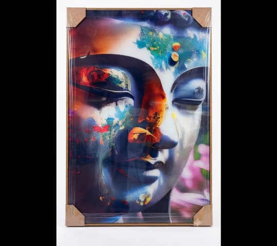 Abstract Multicolor Buddha Face Wall Art Painting – Framed Spiritual Home Decor