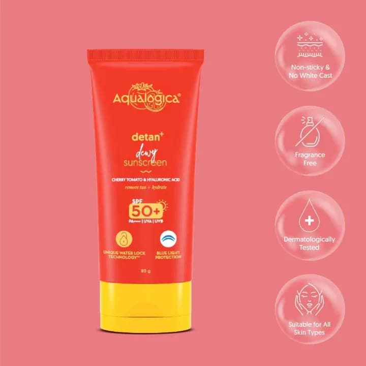 Aqualogica Aqualogica Detan+ Dewy Sunscreen SPF 50 PA++++ with Cherry Tomato & Hyaluronic Acid – 80gm daily essentials &… — thumbnail 2 of 6