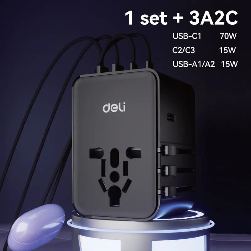 DELI Deli ET768 70W Universal Travel Adapter with 3 USB-A & 2 Type-C Fast Charging Ports electronics — thumbnail 2 of 3