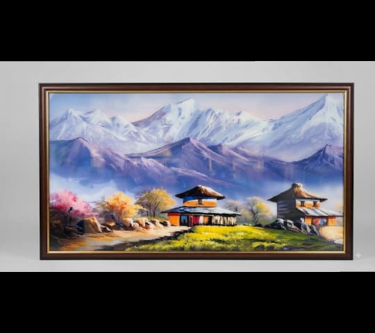 Framed Himalayan Village Landscape Painting – Serene Mountain Scenery