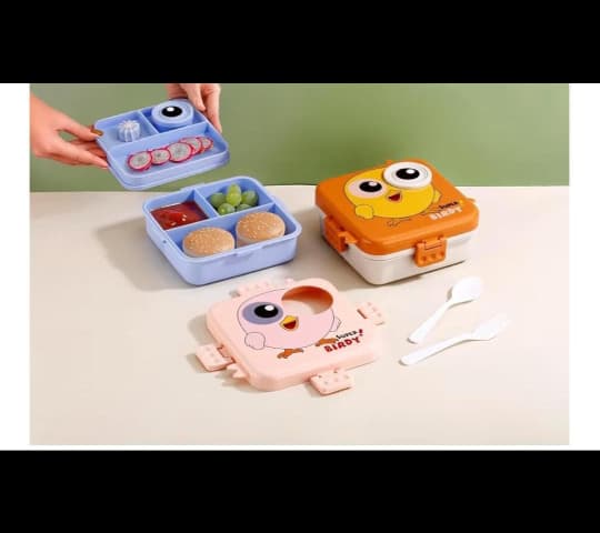 Cartoon Bird Compartment Lunch Box with Spoon & Fork | Kids Lunch Box