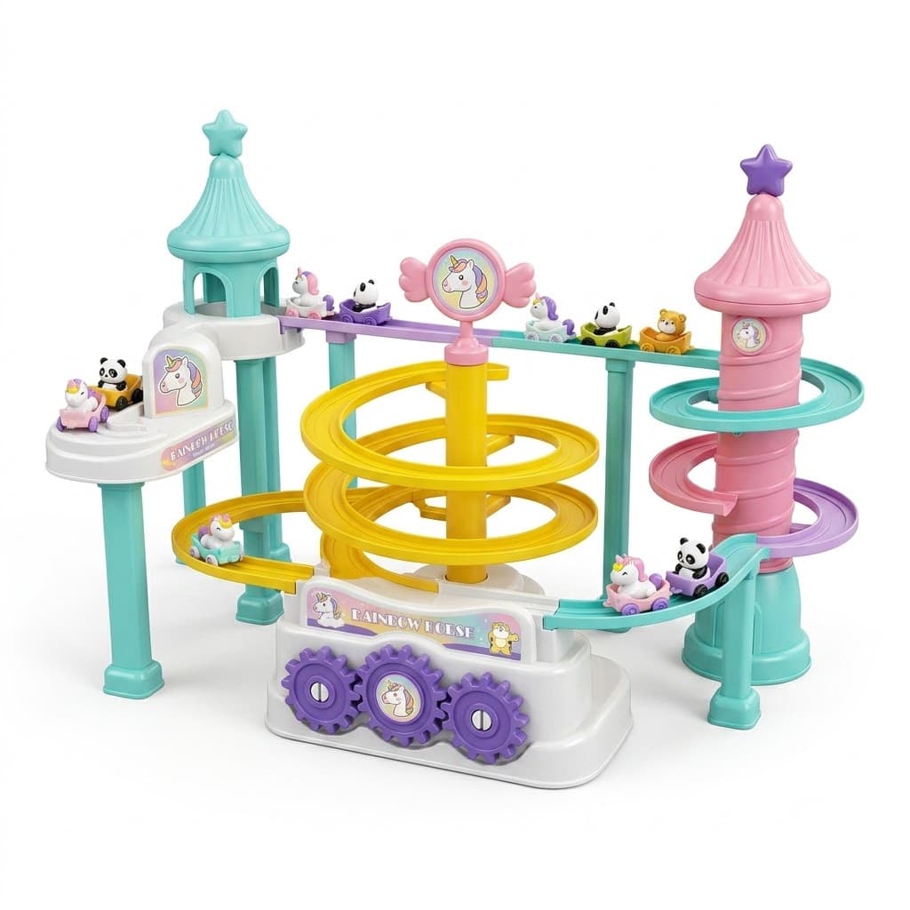 DoubiHH Rainbow Horse Unicorn Track Game – Automatic Climbing Stairs Toy with Music & Lights for Toddlers 3+