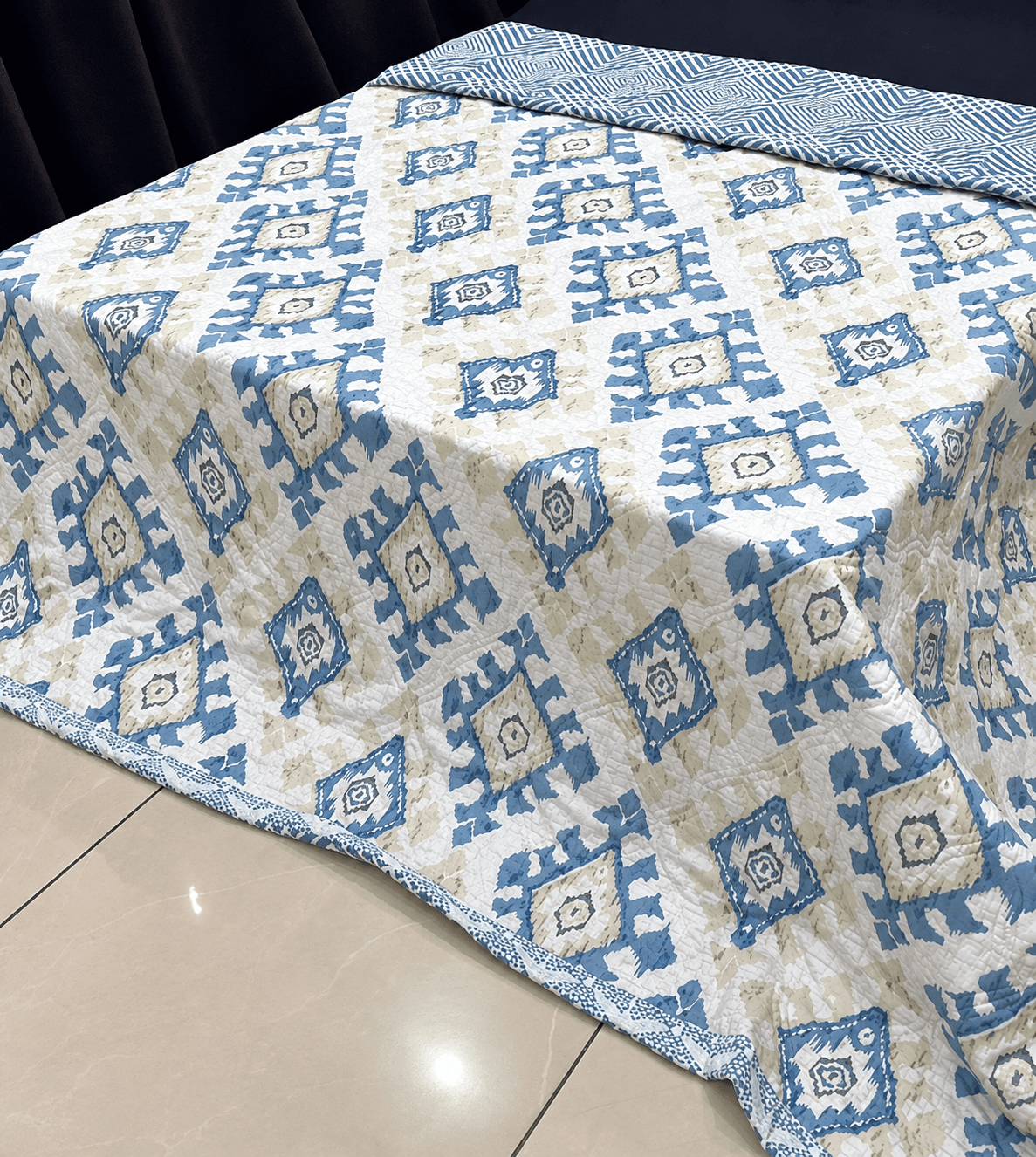 Premium Reversible Blue Geometric Cotton Summer Blanket for Double Bed