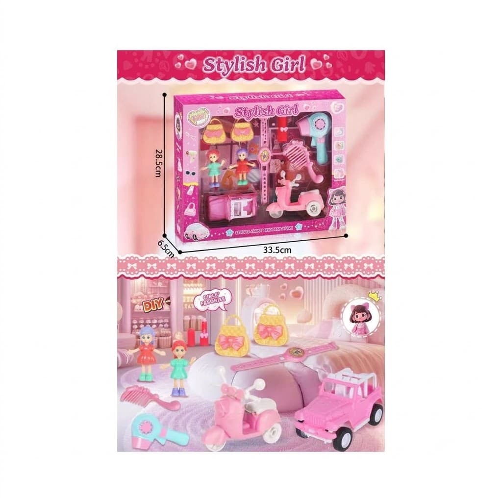 Stylish Girl Travel Boutique Playset – Pink Toy Scooter, Jeep, Dolls & Beauty Salon Accessories for Kids