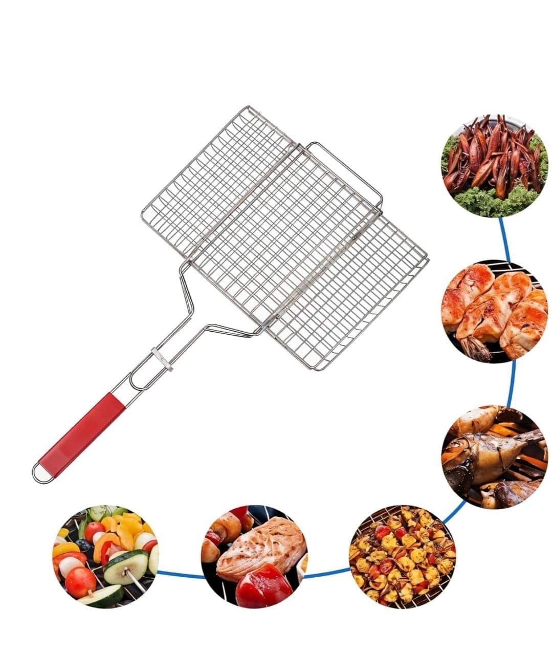 No Brand Portable BBQ Grilling Basket with Red Handle | Stainless Steel Grill Basket for Meat, Vegetables & Outdoor… — thumbnail 2 of 2