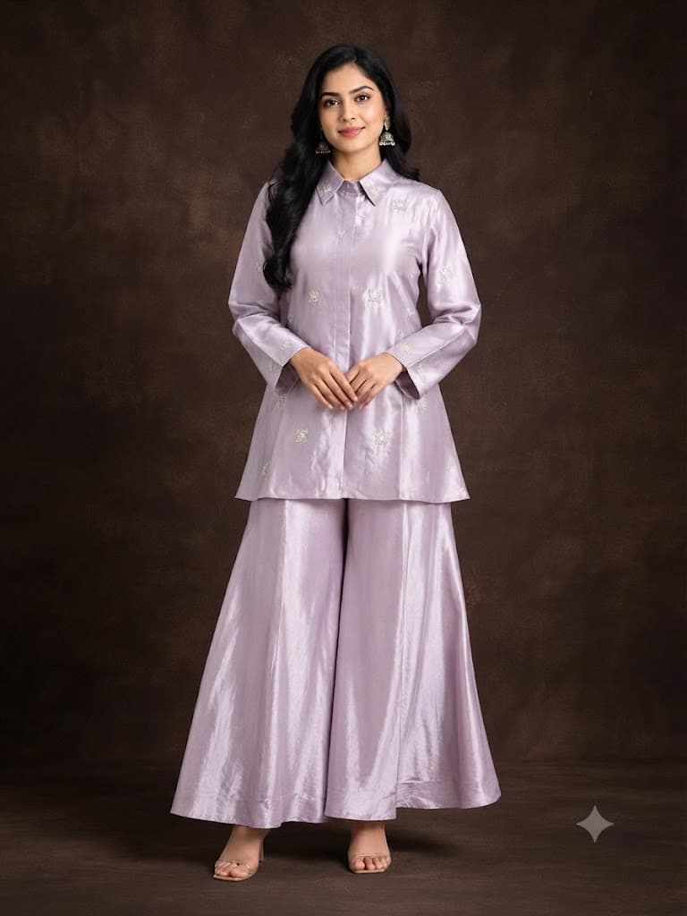 Pastel Elegance Glossy Lilac Tunic with Wide-Leg Pants