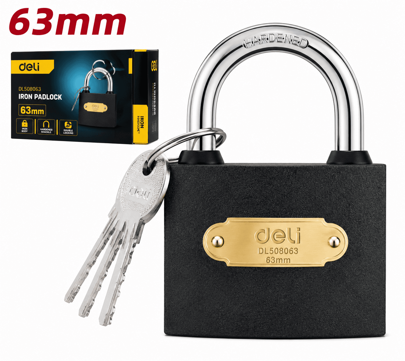 Deli Tools EDL508904 Medium-Duty Iron Padlock 63mm with Alloy Steel Shackle & Waterproof Keyhole