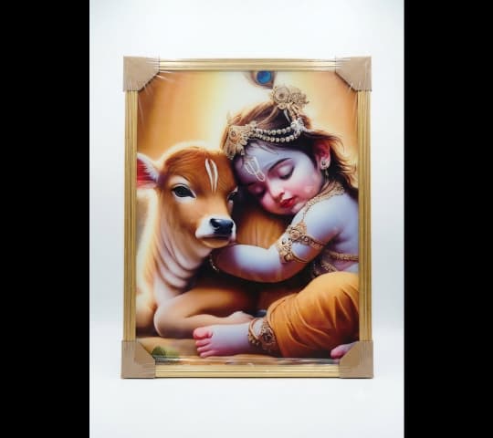 Baby Lord Krishna with Calf Framed Devotional Wall Art