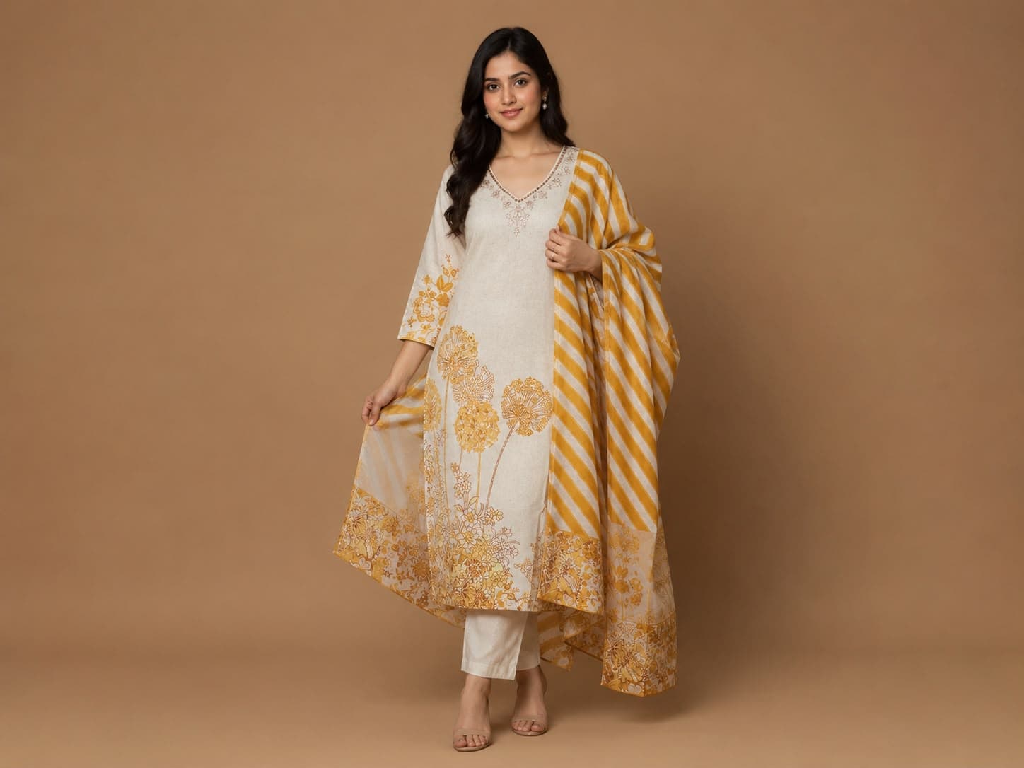 Women's White & Mustard Floral Printed A-Line Kurtha Set with Dupatta