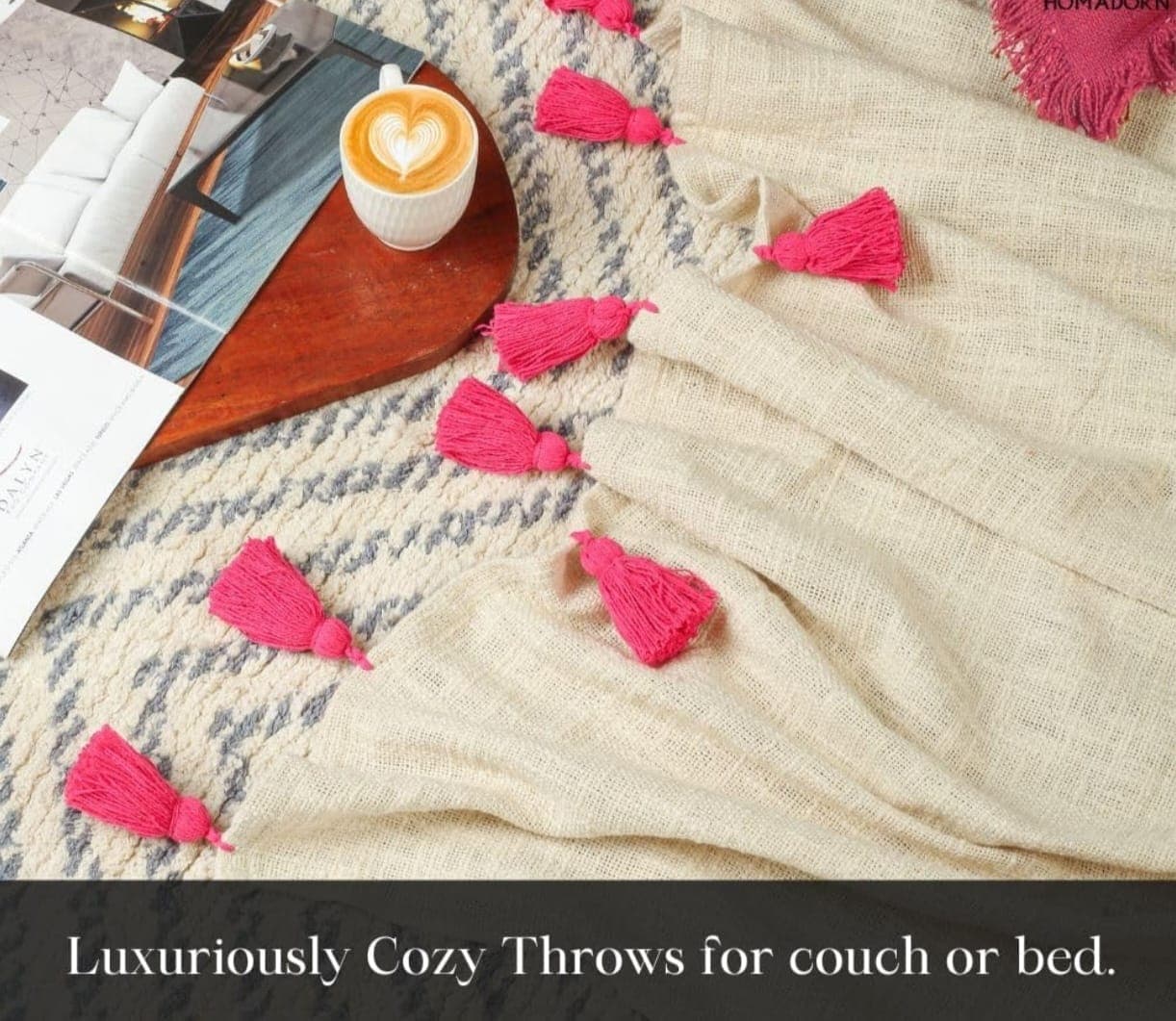 Mirage 100% Cotton Throw Blanket with Multicolor Tassels – Soft Decorative Sofa, Bed & Couch Blanket (Pink) daily… — thumbnail 4 of 4