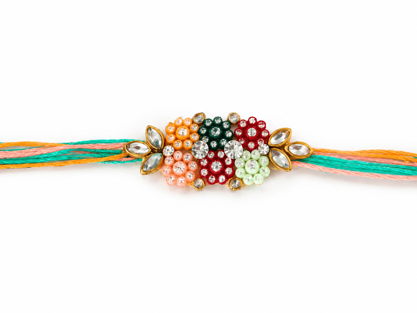 Multicolor Pearl & Stone Designer Rakhi | Traditional Thread Rakhi with Floral Beadwork for Raksha Bandhan