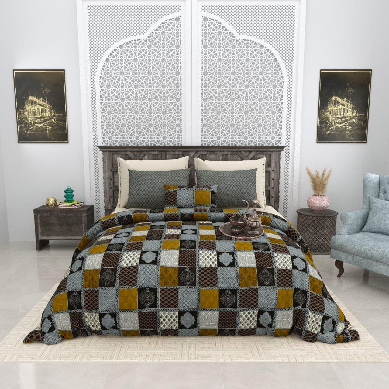 Jaipuri Bedsheet Ethnic Mosaic Patch Print – 100% Cotton King Size Bedsheet