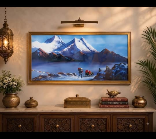 Himalayan Mountain Landscape Framed Wall Art Print with Trekker & Prayer Flags