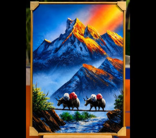 Himalayan Majesty: Yaks Crossing the Bridge at Sunset – Framed Mountain Landscape Art Print