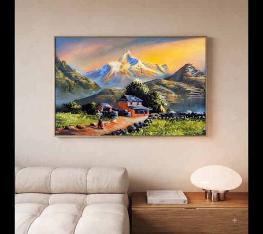 Framed Himalayan Mountain Village Landscape Painting