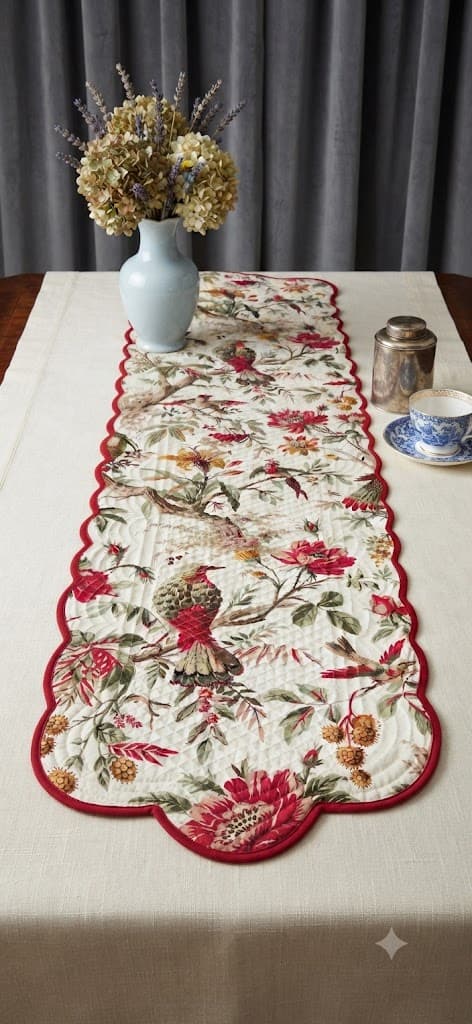 Floral and Bird Print Quilted Scalloped Edge Table Runner with Red Trim
