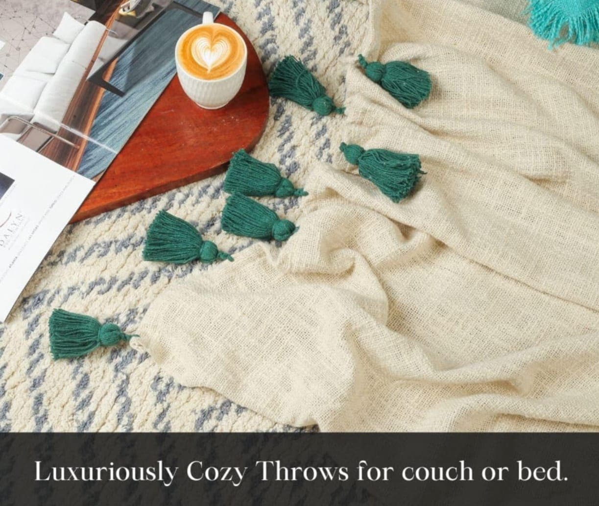100% Cotton Throw Blanket with Multicolor Tassels – Soft Decorative Sofa, Bed & Couch Blanket (GREEN)