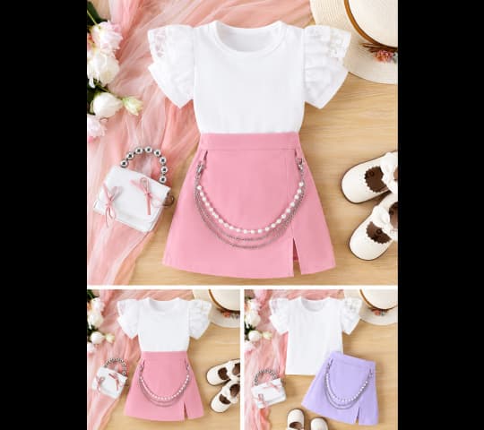 Kids Lace Ruffle Sleeve Top and Skirt Outfit Set | Stylish Girls 2-Piece Dress Set