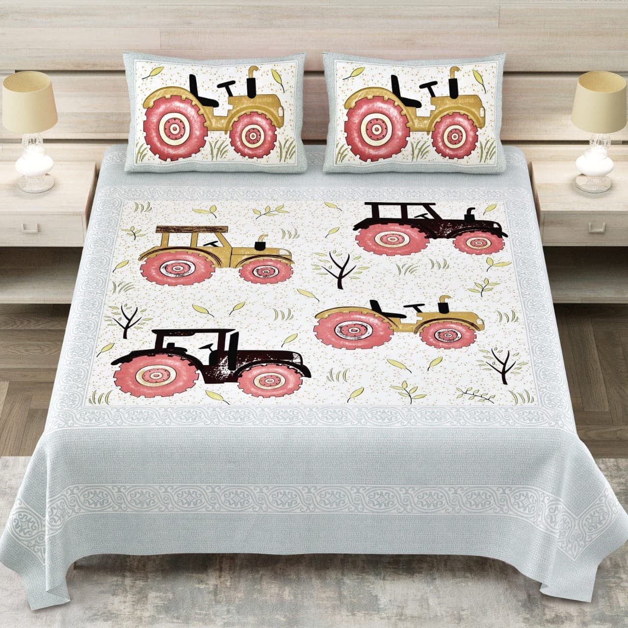 Jaipuri Bedsheet Rustic Farm Tractor Motif Print – 100% Cotton King Size