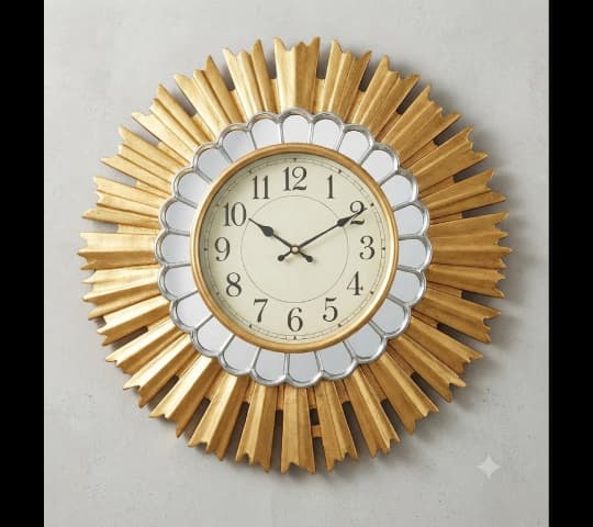 Gold Sunburst Wall Clock with Scalloped Mirror Frame | Luxury Decorative Wall Clock