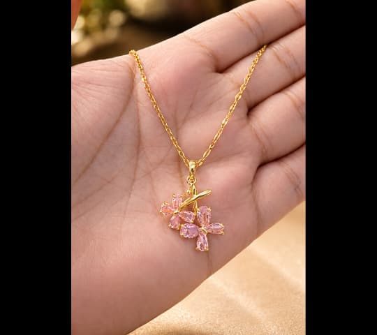 Gold Pink Crystal Floral Pendant Necklace for Women | Elegant Fashion Jewelry