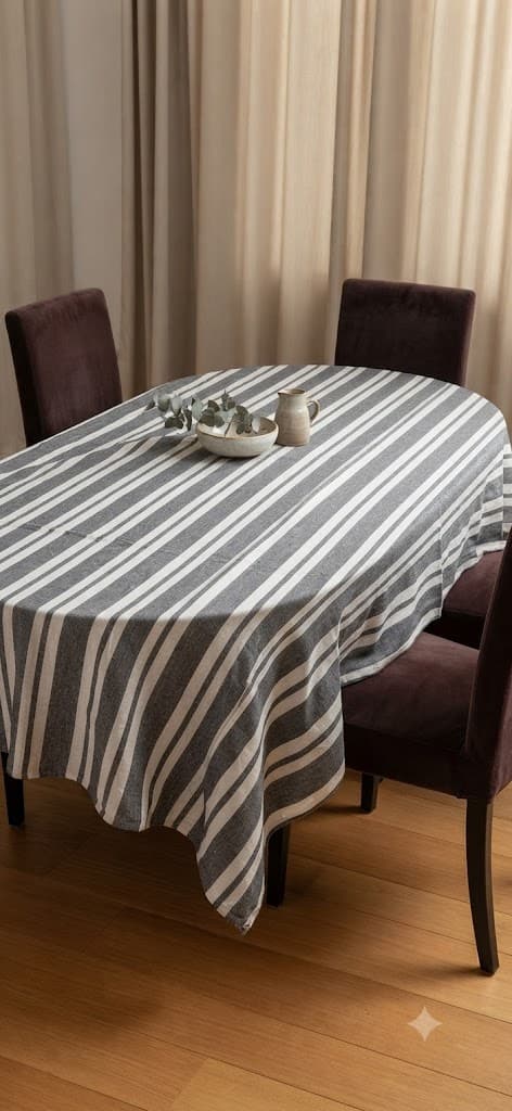 Grey and White Striped Oval Tablecloth with Eucalyptus and Pitcher Centerpiece – 40 × 60 cm