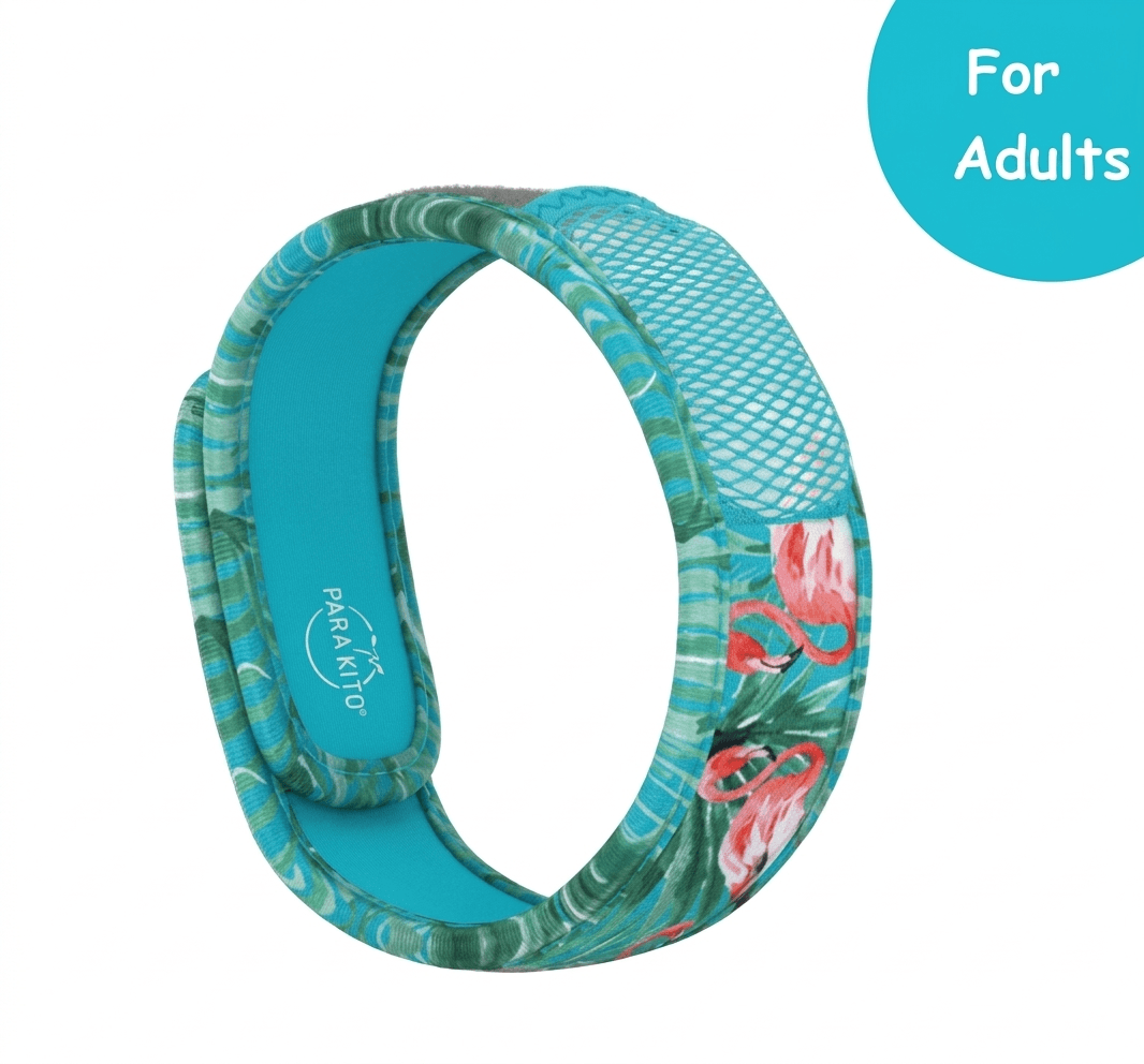 PARA'KITO® Blue Flamingo Mosquito Wristband for Adults – DEET-Free Natural Repellent, Waterproof Adjustable Band with Essential Oils