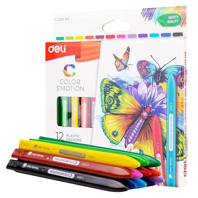 Deli EC20000 Plastic Crayons Triangular Shape 12 Shades Multicolor | Easy Grip Non-Toxic Coloring Crayons for Kids