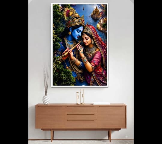 Eternal Harmony Radha and Krishna by the River – Divine Radha Krishna Wall Art