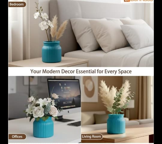 Modern Ribbed Turquoise Ceramic Decorative Vase for Home & Office Décor