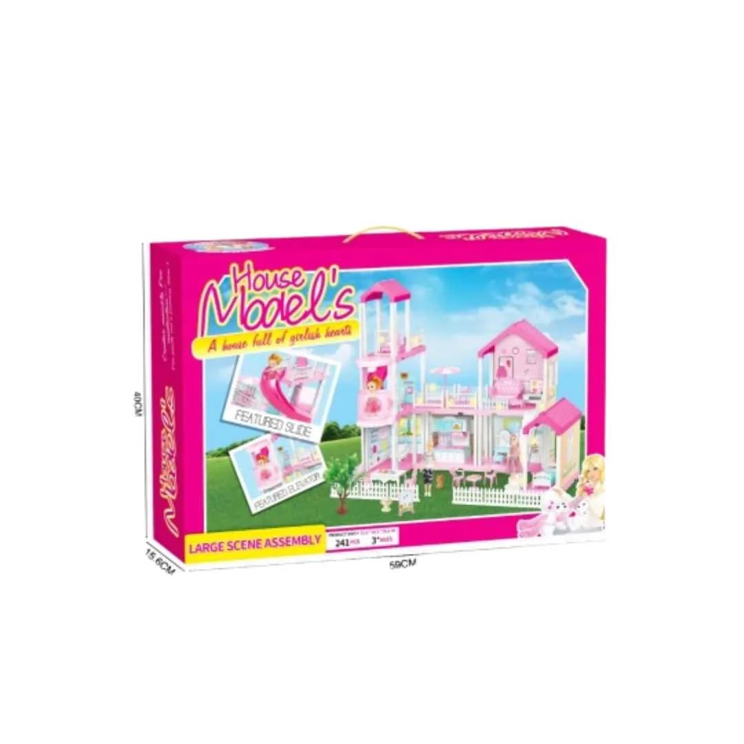 DIY Modern Elevator Villa Dollhouse – 241PCS Multi-Level Play Home with Slide, Balcony & Light String