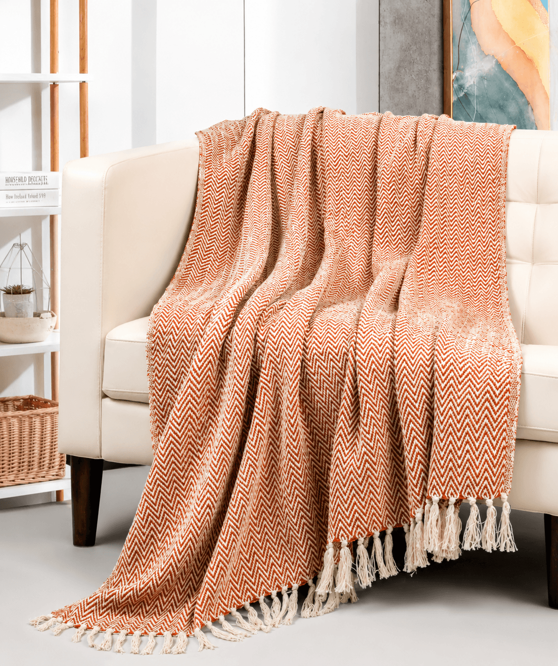 Premium Chevron Cotton Throw Blanket with Tassel Fringe – Soft Decorative Sofa & Bed Throw