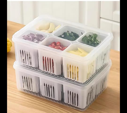 Compartmentalized Food Storage Container with Drain Baskets | Multi-Section Fresh Food Keeper
