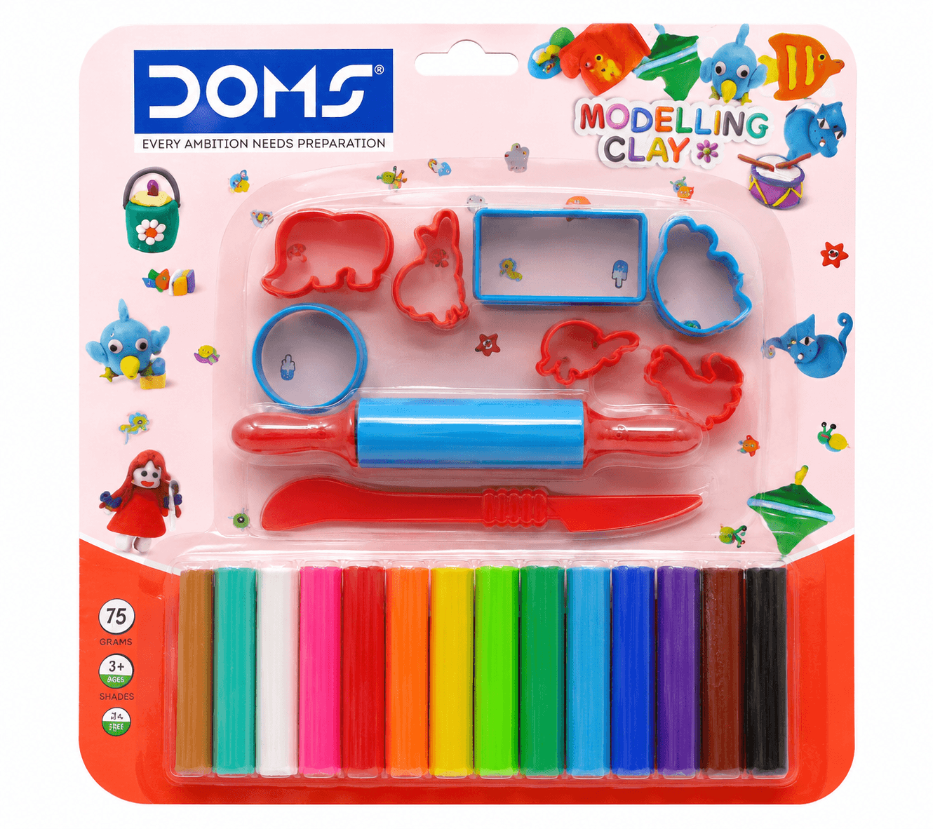 DOMS Modelling Clay Set for Kids with 14 Shades, Rolling Pin, Knife & Shape Cutters | 75g