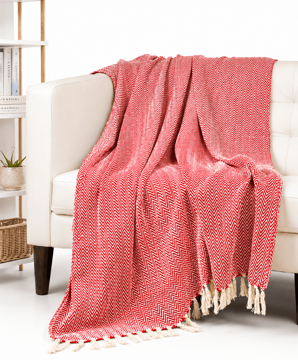 Red Chevron Cotton Throw Blanket with Tassel Fringe – Soft Decorative Sofa & Bed Throw