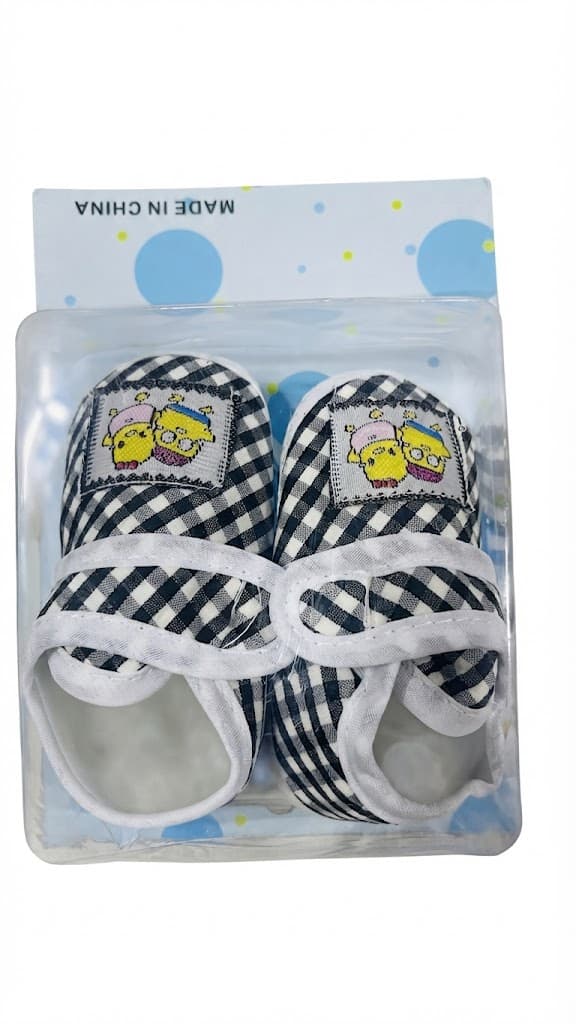 Black and White Checkered Baby Shoes with Cute Character Applique