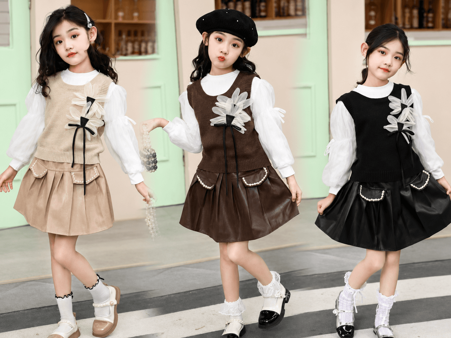 Kids' French Style 3-Piece Floral Knit Vest, Blouse & Pleated Skirt Set