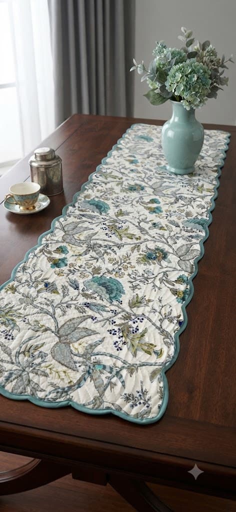 Teal Floral Quilted Scalloped Edge Table Runner with Botanical Vine Design