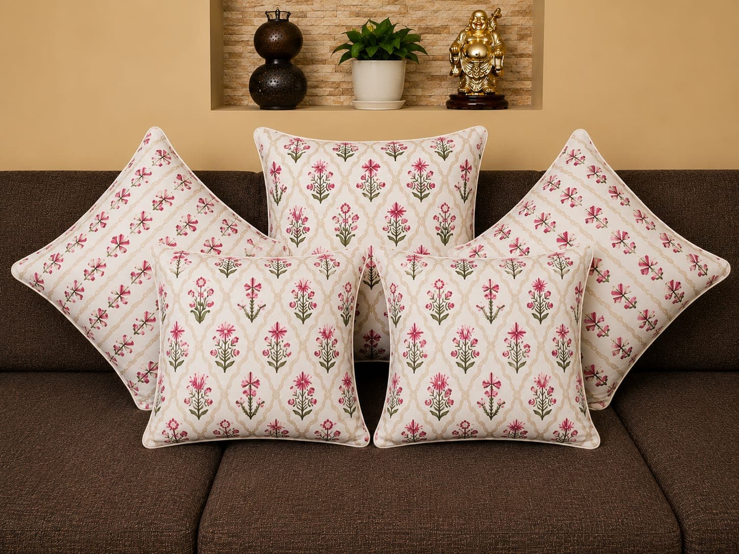Mughal Ogee Trellis Print Cushion Cover Set of 5 – Elegant Decorative Pillow Covers