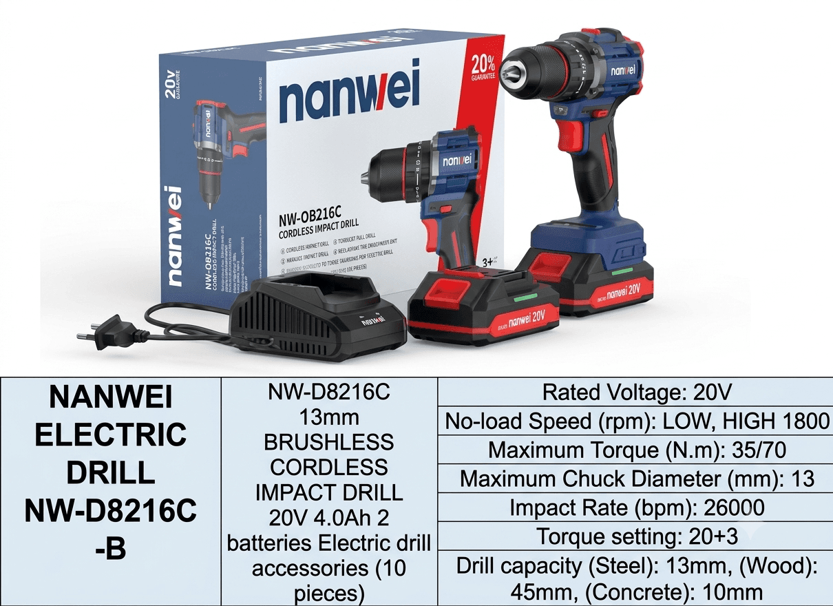 NANWEI NW-D8219P-A Electric Screwdriver – 20V Brushless Cordless Screw Driver Drill