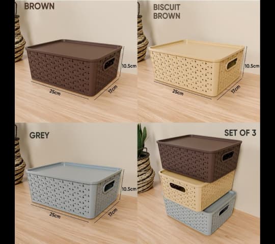 Plastic Woven Storage Basket with Lid 3 Piece Set – Decorative Organizer Bins for Home