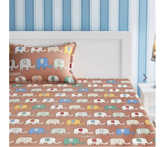 Mithila Inspired Elephant Print Cotton Kids Single Bedsheet Set (60x90 inch) with Pillow Cover – Brown & Multi colour