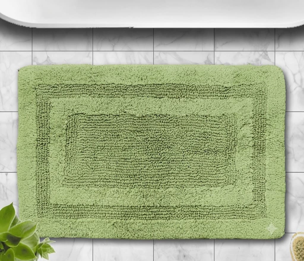 Plush Sage Green Bath Mat with Elegant Border Design